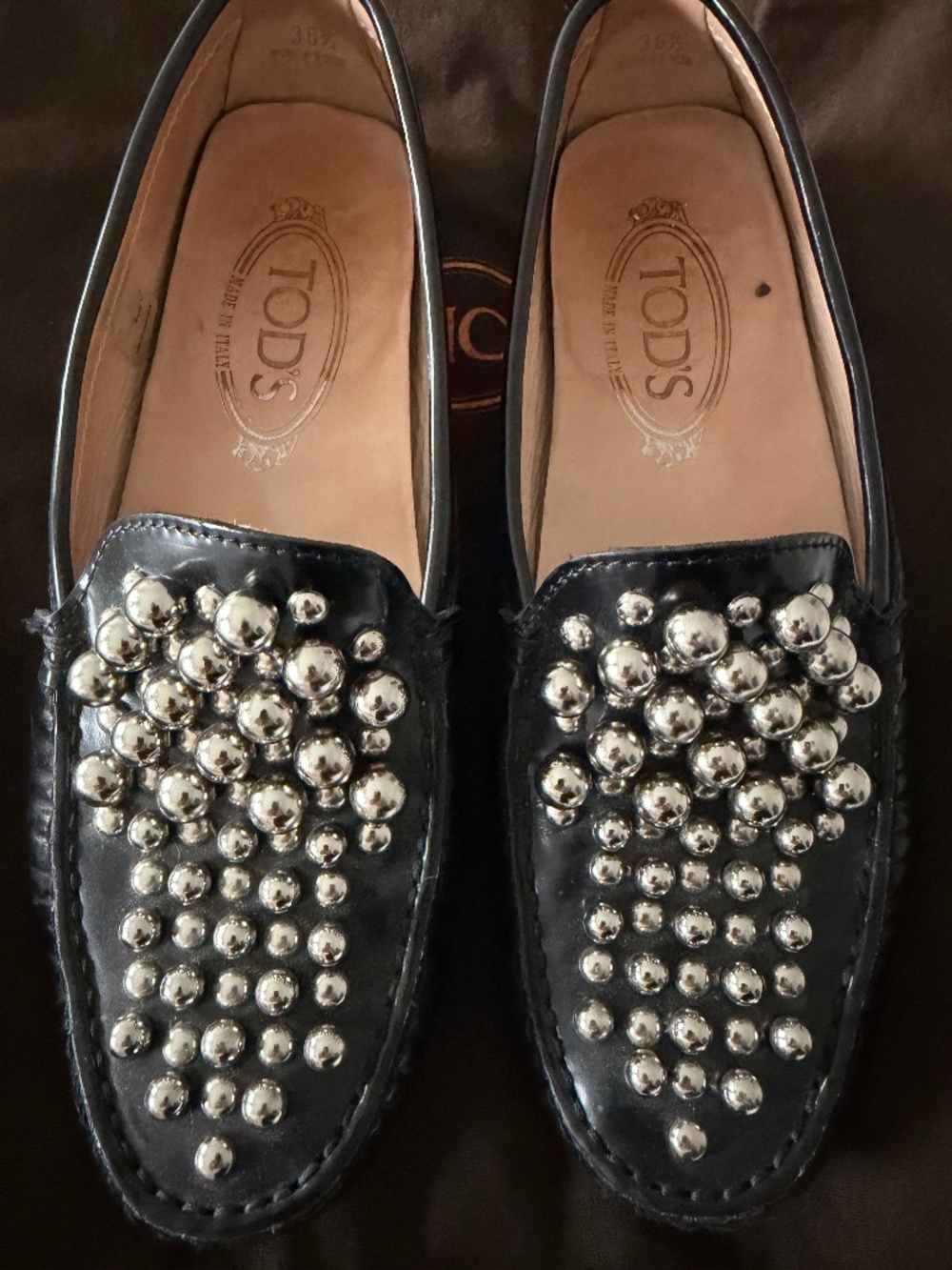 Tod's Black Patent Leather Driving Shoes Loafers Gommino Studded  size 6.5